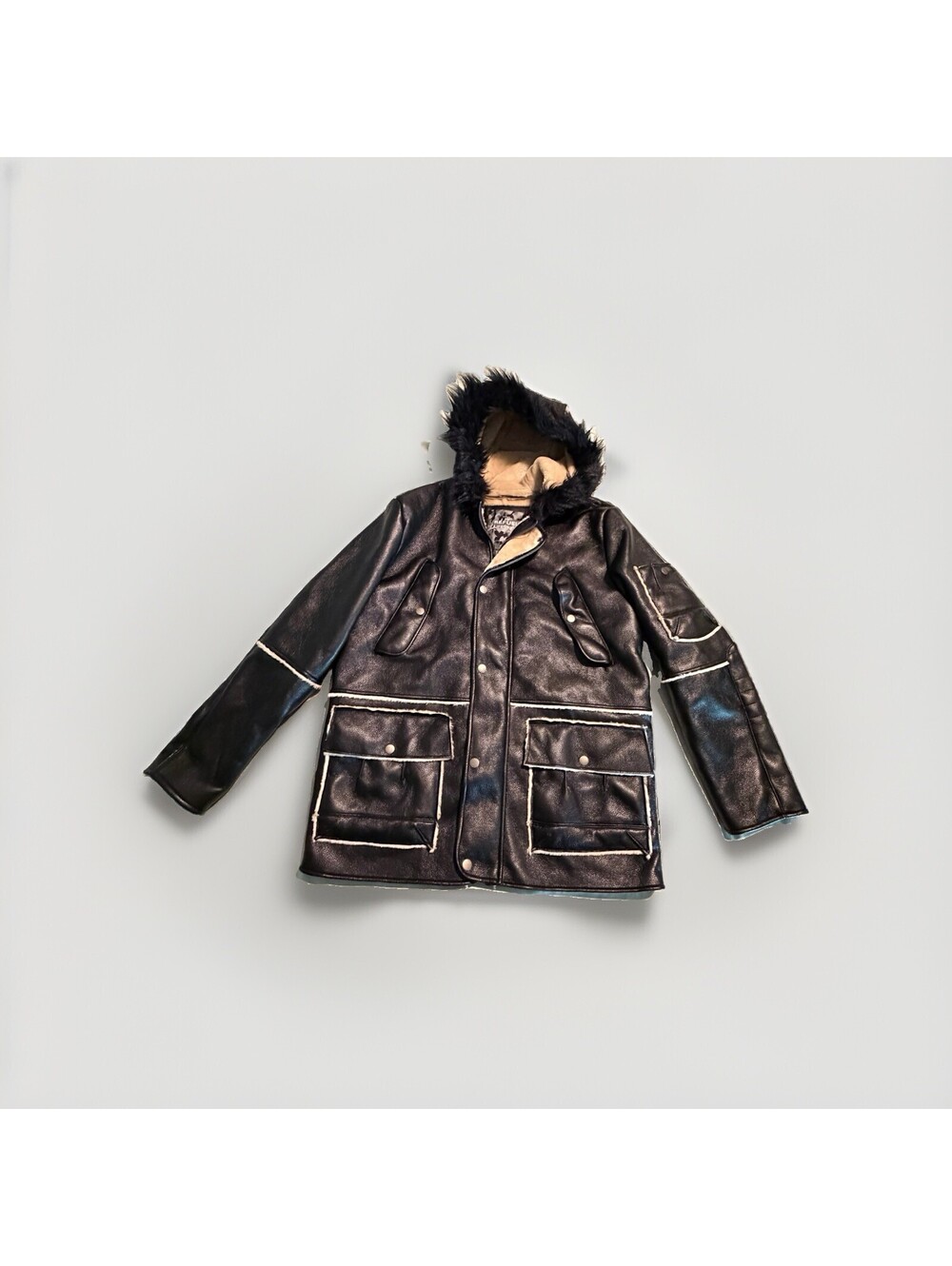 Refuel Lifestyle Black Leather Jacket Brown Lined Coat Pockets Warm Style Y2K L